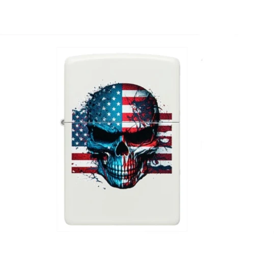 Zippo American Skull Design matt fehér benzines öngyújtó – amerikai zászlós koponya mintával