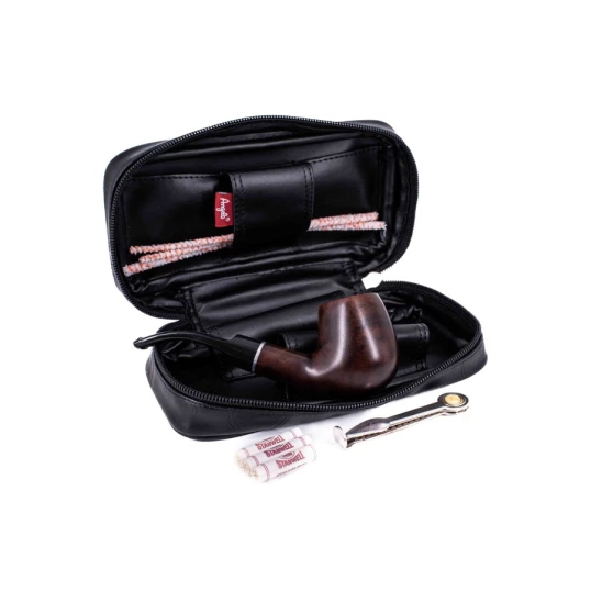 Angelo pipás szett Half Bent Billiard bruyer pipával, pipatáskával, 9 mm-es filterrel, szárkefével és 3 részes pipatömködővel