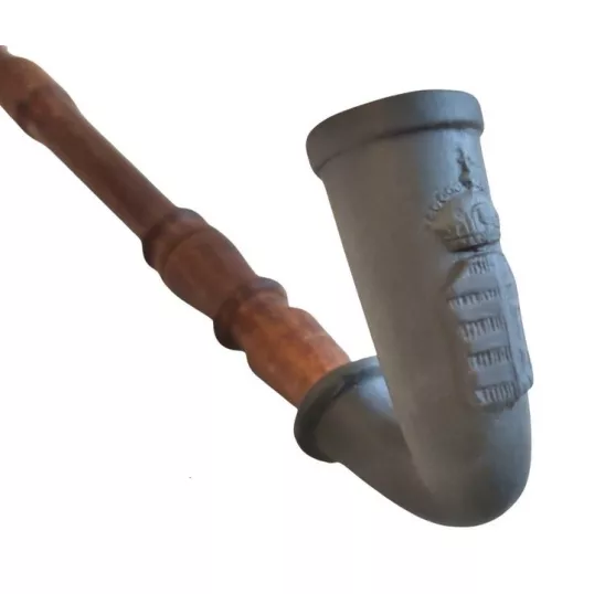 Matt fekete tradicionális magyar kerámia pipa – magyar címer mintával, hosszú cseresznyefa szárral - Tradicionális magyar kerámia pipa