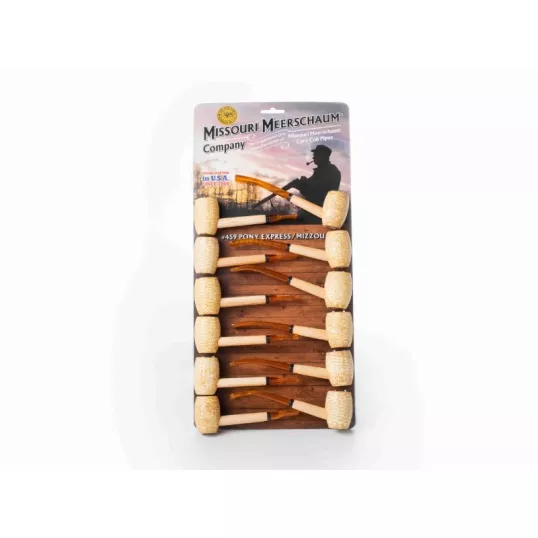 Missouri Meerschaum Pony Express Corn Cob Pipe hajlított szárú kukorica pipa, borostyánsárga akril szopókával, filter nélküli