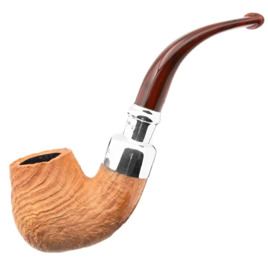 Peterson Barley Spigot Bent Billiard Fishtail pipa – natúr homokfúvott, sterling ezüst díszítéssel - Peterson of Dublin