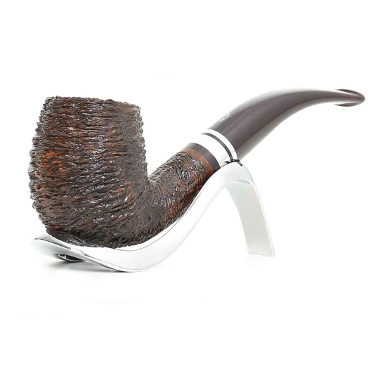 Savinelli Minerva Rusticata Marrone 601 hanga gyökér pipa, 9 mm filter, rusztikos barna felület, akril hajlított szár, dupla ezüst színű gyűrű