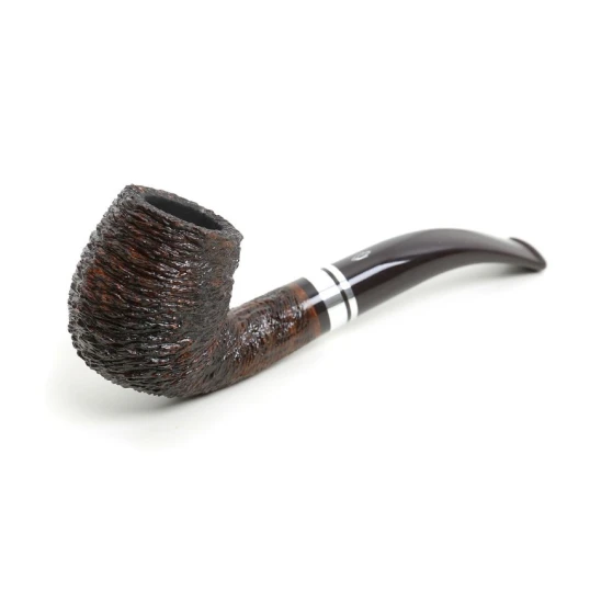 Savinelli Minerva Rusticata Marrone 601 hanga gyökér pipa, 9 mm filter, rusztikos barna felület, akril hajlított szár, dupla ezüst színű gyűrű