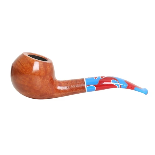 Savinelli Colombina Liscia Naturale 673 hanga gyökér pipa 9 mm filterrel, kék-piros-fehér mintázatú akril enyhén hajlított szárral - Savinelli Colombina