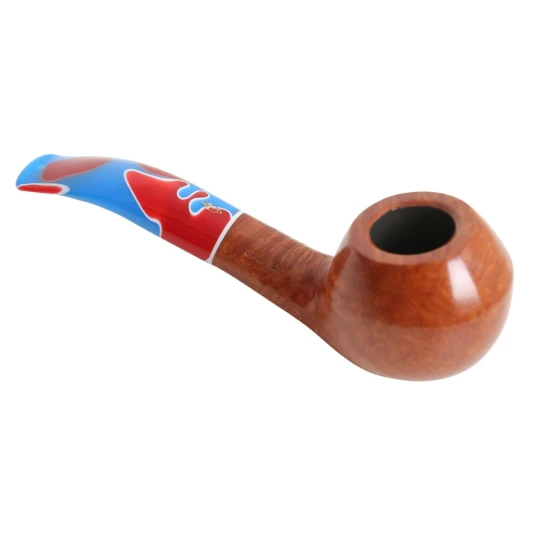 Savinelli Colombina Liscia Naturale 673 hanga gyökér pipa 9 mm filterrel, kék-piros-fehér mintázatú akril enyhén hajlított szárral