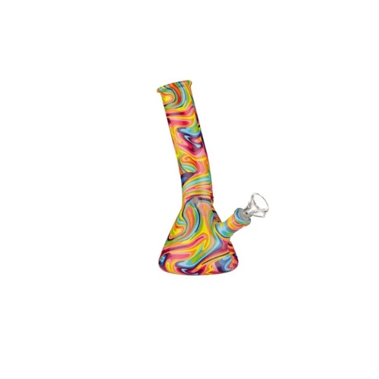 Super Heroes üveg bong, színes örvénymintával, jéghűtővel, üveg chillummal, 19,5 cm
