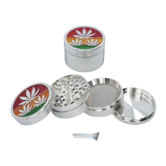 Rasta mintás 4 részes fém dohányőrlő – ezüst, 5 cm - Grinderek, dohány őrlők