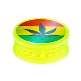 Super Heroes dohányőrlő, 2 részes, áttetsző neonsárga műanyag, kenderlevél mintával, 6 cm