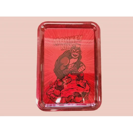 Monkey King Rolling Tray piros sodró tálca – átlátszó műanyag, izmos, szuperhős stílusú majom motívummal - Rolling tray