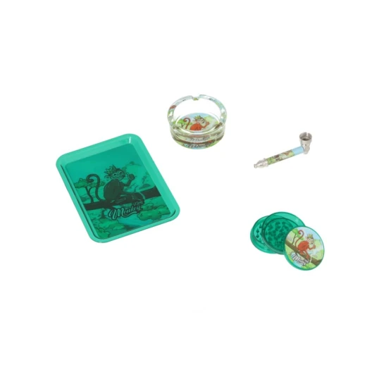 Monkey King készlet – Dohányörlő + Fémpipa + Hamutartó + Rolling Tray - zöld