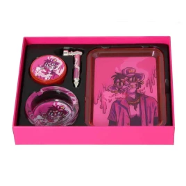 Monkey King készlet – Dohányörlő + Fémpipa + Hamutartó + Rolling Tray - rózsaszín