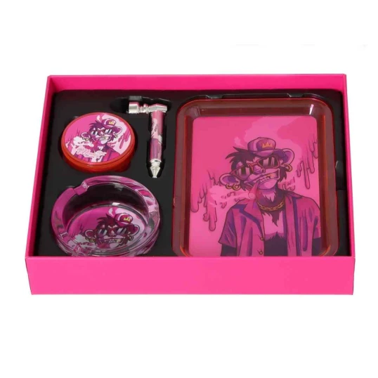 Monkey King készlet – Dohányörlő + Fémpipa + Hamutartó + Rolling Tray - rózsaszín