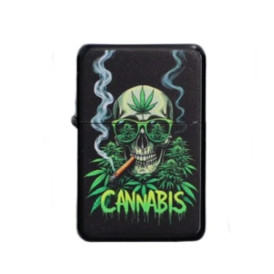Gentelo benzines öngyújtó – „CANNABIS” füstölő koponyás mintával, fekete