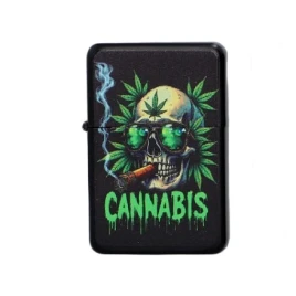 Gentelo benzines öngyújtó – „CANNABIS” koponyás mintával, fekete
