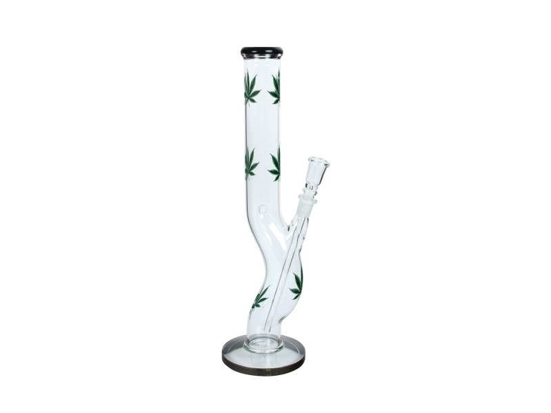 Padonio hullámosan hajított üveg bong 42 cm magas - Marihuána levél mintákkal